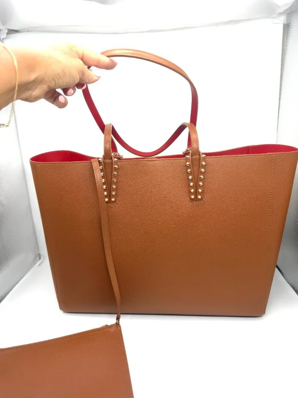 Christian Louboutin CABATA Spiked Studded Empire Leather Tote Bag w. Pouch